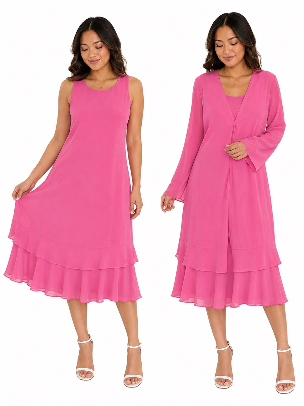 Sleeveless Hot Pink Midi Dress with Matching Long Duster